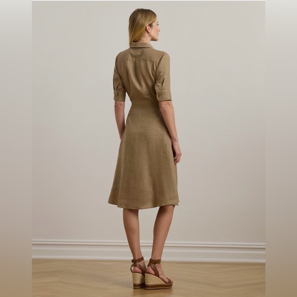 Ralph Lauren Knot-Tie Midi Shirt Dress in Camel Brown - Picture 4 of 9